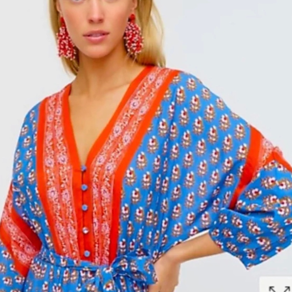 J. Crew Blue & Red Floral-Print V-Neck Midi Dress